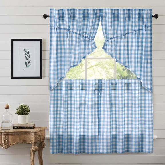 VHC Brands Annie Buffalo Check 4 PC Dusk Blue Curtain Set (2 Prairie Swag 36x18 and 2 Tier 36x36)