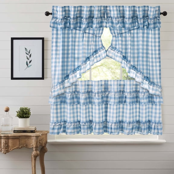 VHC Brands Annie Buffalo Check 4 PC Dusk Blue Ruffled Curtain Set (2 Prairie Swag 36x18 and 2 Tier 24x36)