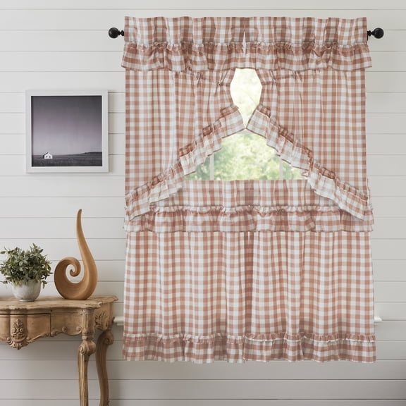 VHC Brands Annie Buffalo Check 4 PC Portabella Ruffled Curtain Set (2 Prairie Swag 36x18 and 2 Tier 36x36)