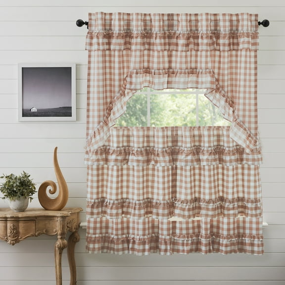 VHC Brands Annie Buffalo Check 4 PC Portabella Ruffled Curtain Set (2 Swag 36x16 and 2 Tier 36x36)