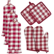 VHC Brands Annie Buffalo Check 7PC Set 2 Oven Mitt 2 Pot Holder and 3 Tea Towels