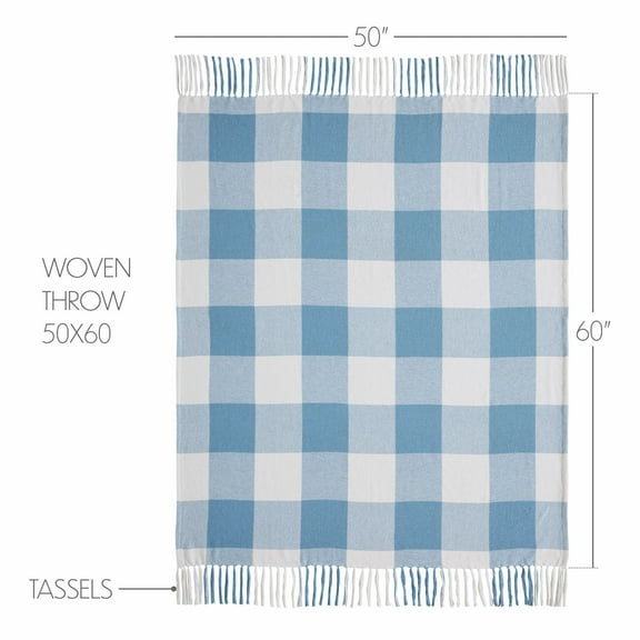 VHC Brands Annie Buffalo Check Farmhouse Country Rustic Woven Throw Blanket for Bedroom Living Room Sofa Couch Checkered White Blue 50x60