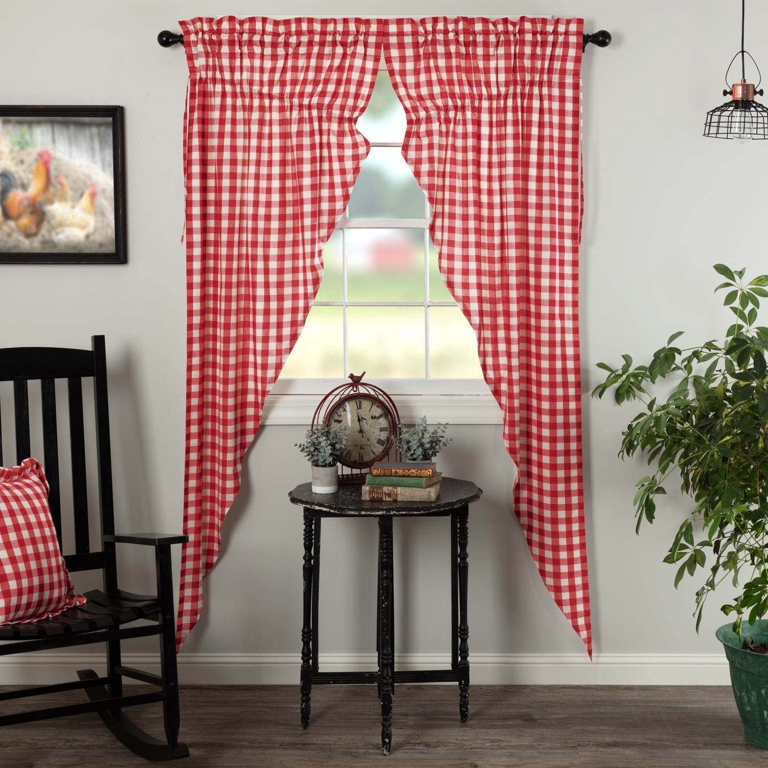 VHC Brands Farmhouse Curtains, Buffalo Check Red - 84x36 Inch Prairie Panel Pair, 100% Cotton With Rod Pocket
