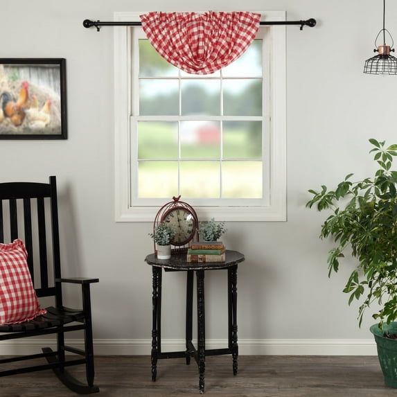 VHC Brands Annie Buffalo Check Cotton Farmhouse Kitchen Curtains Rod Pocket Balloon Valance, 15x60, Red