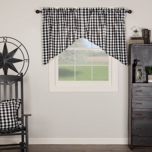 VHC Brands Annie Buffalo Check Curtain, Prairie Swag Set 36x36x18, Black