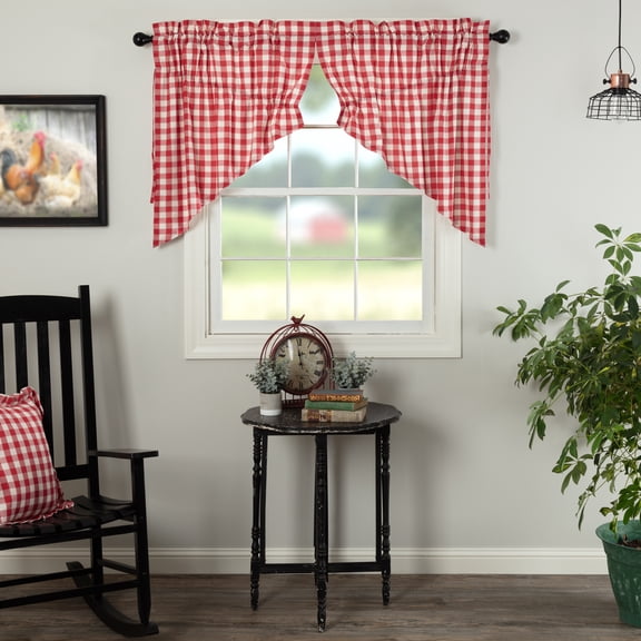 VHC Brands Annie Buffalo Check Cotton Farmhouse Kitchen Curtains Rod Pocket Drawstring Ties Prairie Swag Pair, 36x36x18, Red