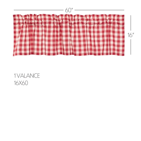 VHC Brands Annie Buffalo Check Cotton Farmhouse Kitchen Curtains Rod Pocket Hanging Loops 16x60 Valance, Red