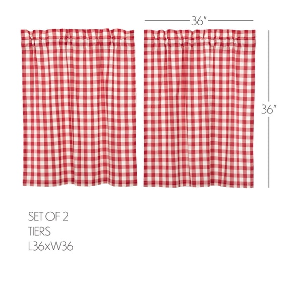 VHC Brands Annie Buffalo Check Cotton Farmhouse Kitchen Curtains Rod Pocket Hanging Loops 36x36 Tier Pair, Red