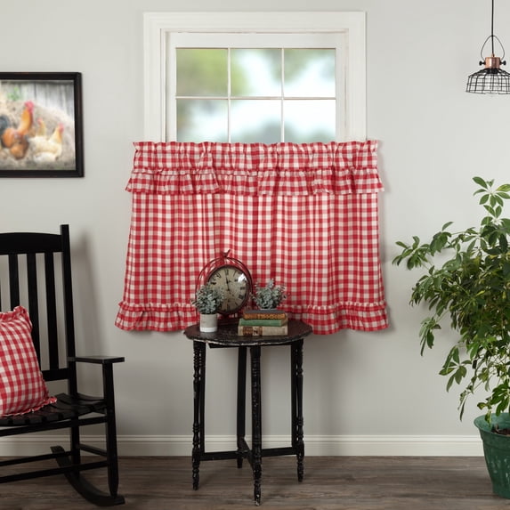 VHC Brands Annie Buffalo Check Cotton Farmhouse Kitchen Curtains Rod Pocket Hanging Loops Ruffling 36x36 Tier Pair, Red Country