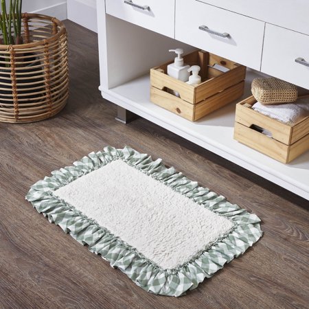 VHC Brands Annie Buffalo Check Farmhouse 20"x30" Bathmat Green Ruched Ruffle Cotton Rectangle Bath Decor