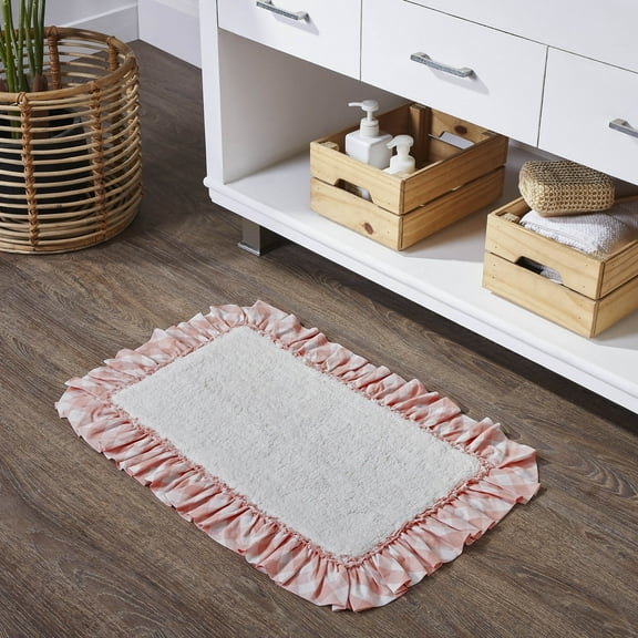 VHC Brands Annie Buffalo Check Farmhouse 20"x30" Bathmat Pink Ruched Ruffle Cotton Rectangle Bath Decor