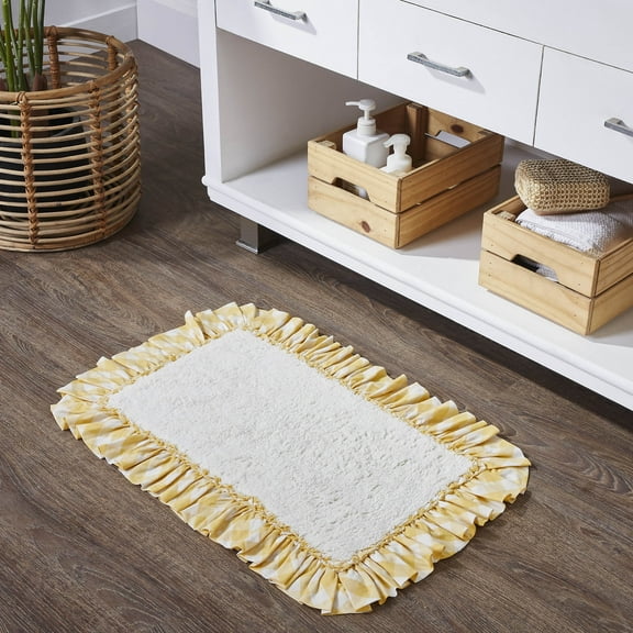 VHC Brands Annie Buffalo Check Farmhouse 20"x30" Bathmat Yellow Ruched Ruffle Cotton Rectangle Bath Decor