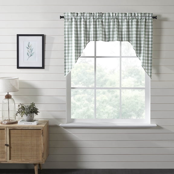 VHC Brands Annie Buffalo Check Farmhouse 36"x36"x16" Swag Pair Green Rod Pocket Cotton Kitchen Window Curtains