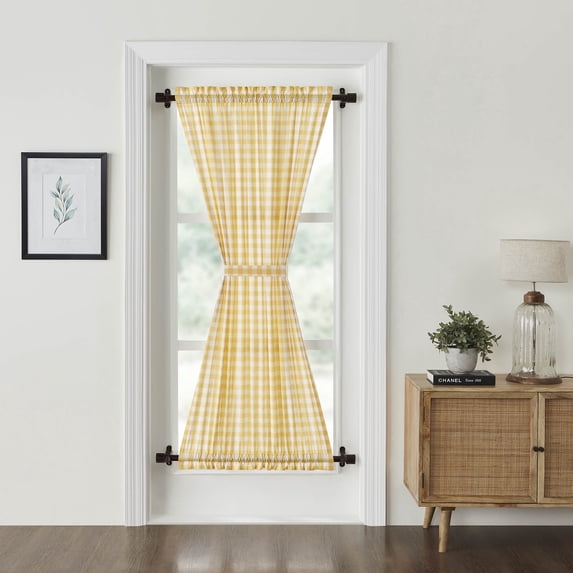 VHC Brands Annie Buffalo Check Farmhouse 72"x40" Door Panel Yellow Rod Pocket Cotton Tie Back(s) Window Curtains