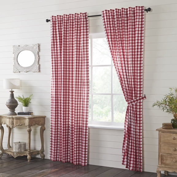 VHC Brands Annie Buffalo Farmhouse Curtain Panels, Check, Red, 96x50, Set of 2