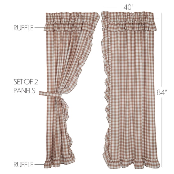 VHC Brands Annie Buffalo Portabella Check Farmhouse Ruffled Panel Curtain Set 84x40