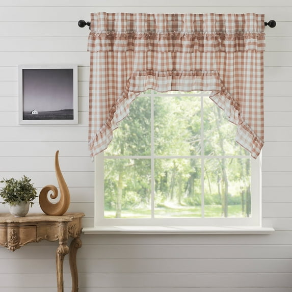 VHC Brands Annie Buffalo Portabella Check Farmhouse Ruffled Swag Curtain Set 36x36x16