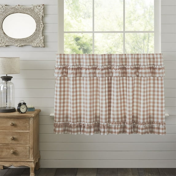 VHC Brands Annie Buffalo Portabella Check Farmhouse Ruffled Tier Curtain Set 36x36