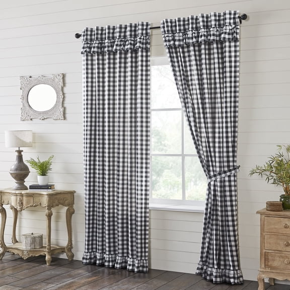 VHC Brands Annie Buffalo Ruffled Farmhouse Curtain Panels, Check, Black, 96x50, Set of 2