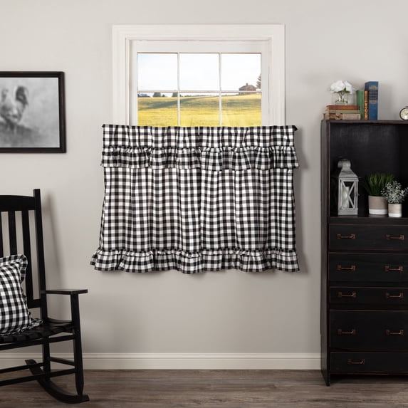 VHC Brands Annie Check Cotton Ruffled Tier Set, Black & White (2 Panels)
