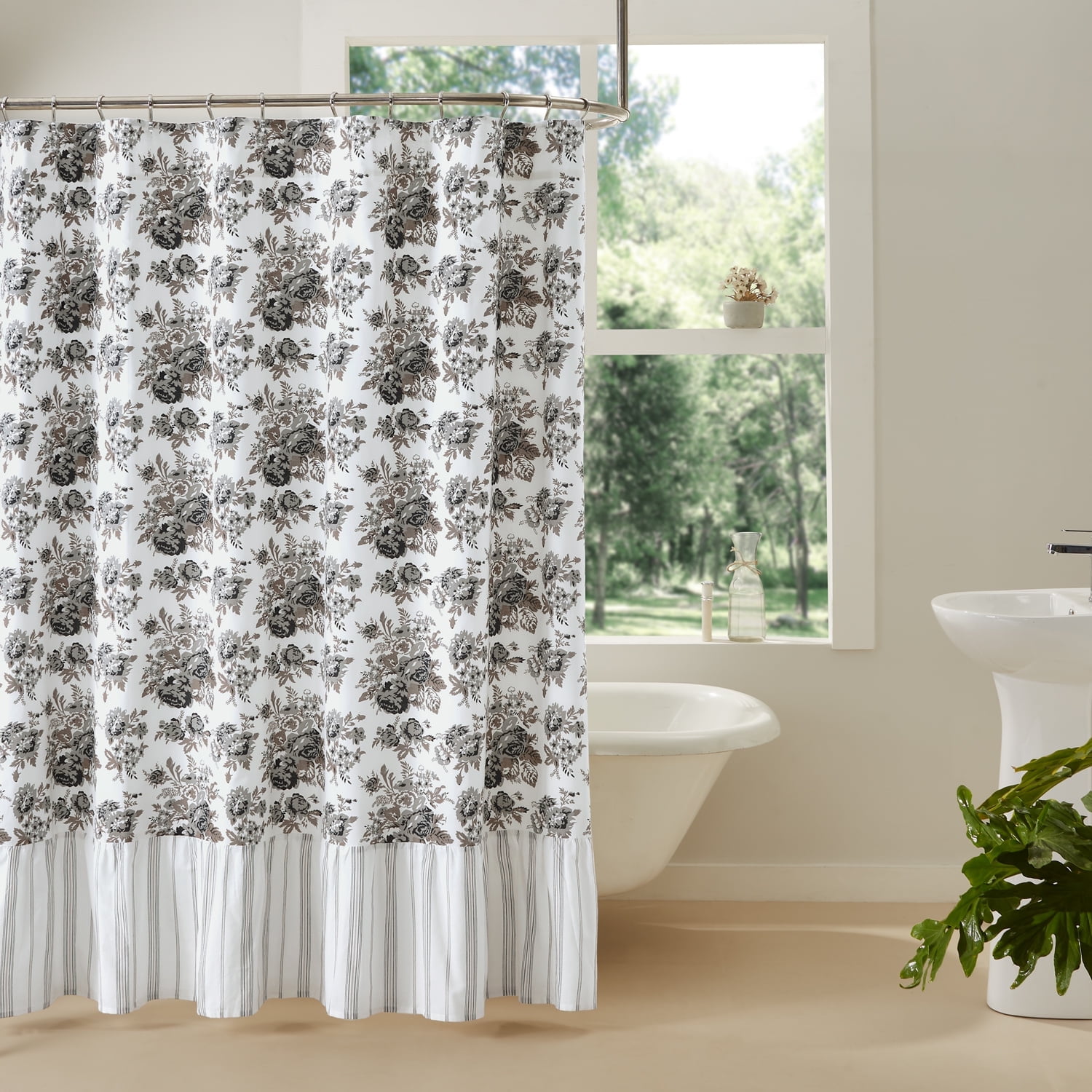 Annie Portabella Brown Floral Ruffled Farmhouse Shower Curtain 72x72