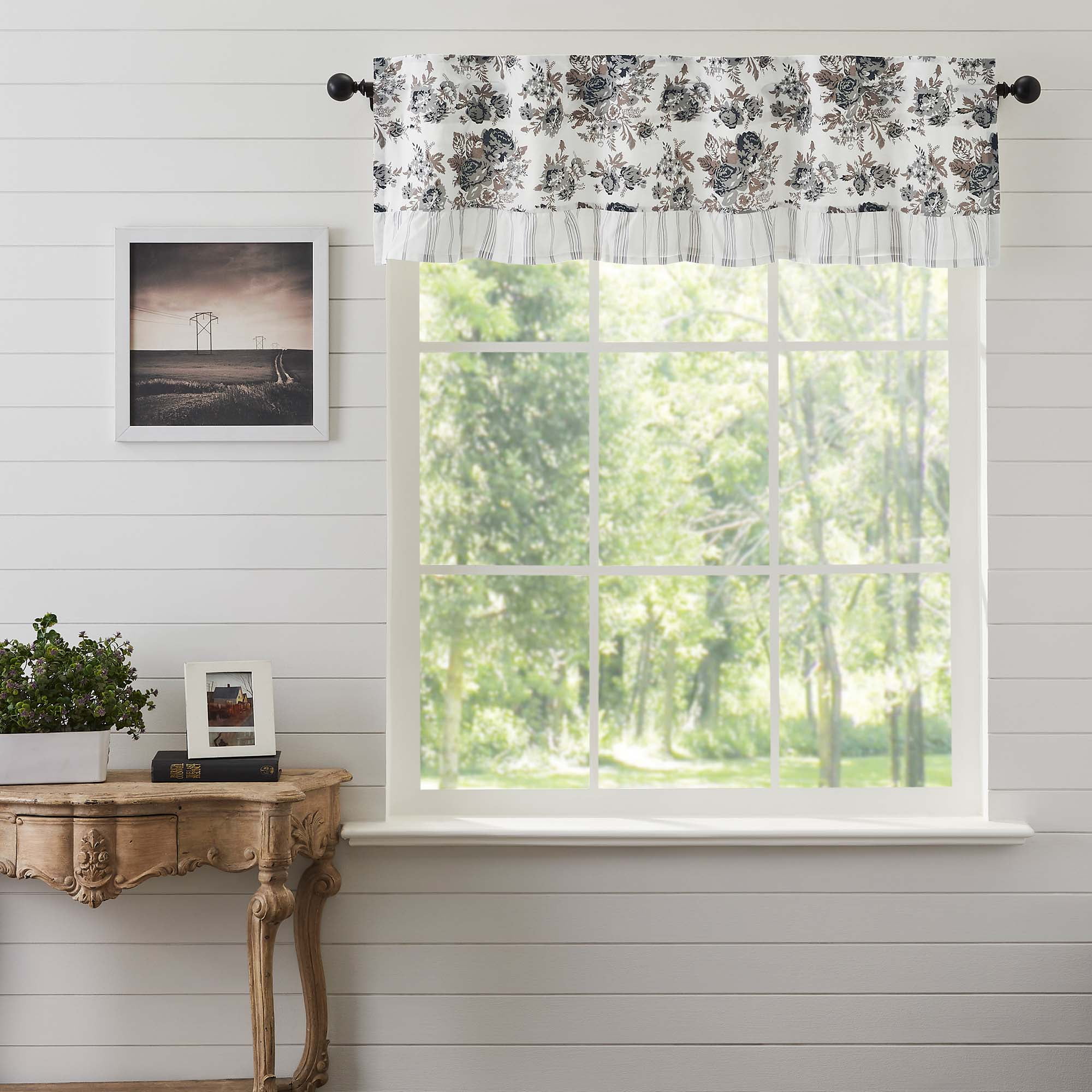 Portabella Brown and White Floral Ruffled Valance 60" Wide