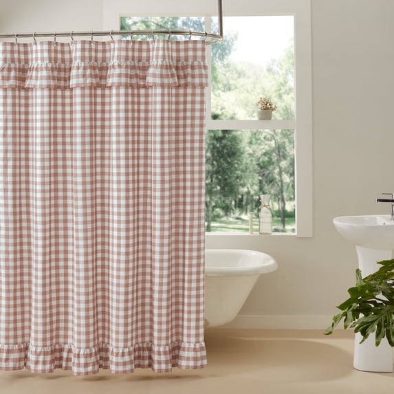 VHC Brands Annie Portabella Buffalo Check Ruffled Farmhouse Shower Curtain 72x72