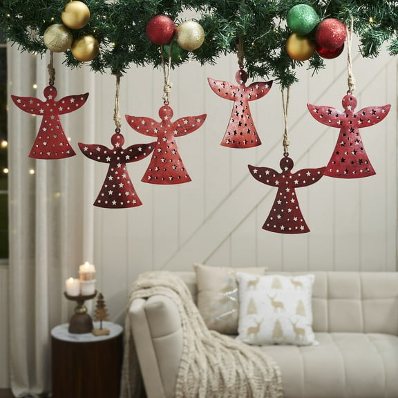 VHC Brands Antique Red Metal Angel Ornament Set of 6 - 6.5 inch