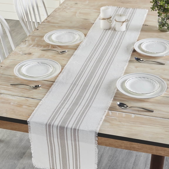VHC Brands Antique White Stripe Farmhouse 12"x72" Table Runner Grey Recycled Plastic (PET) Striped Water-Resistant Rectangle Kitchen Table Decor