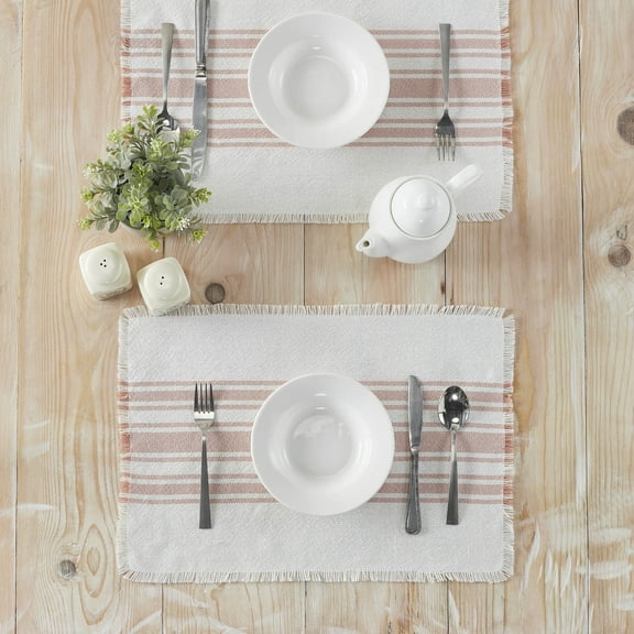 VHC Brands Antique White Stripe Farmhouse 13"x19" Placemat Set of 6 Pink Recycled Plastic (PET) Striped Water-Resistant Oval Kitchen Table Decor
