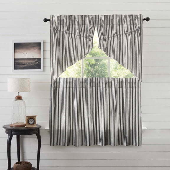 VHC Brands Ashmont 4 PC Charcoal Grey Ticking Stripe Curtain Set (2 Prairie Swag 36x18 and 2 Tier 36x36)