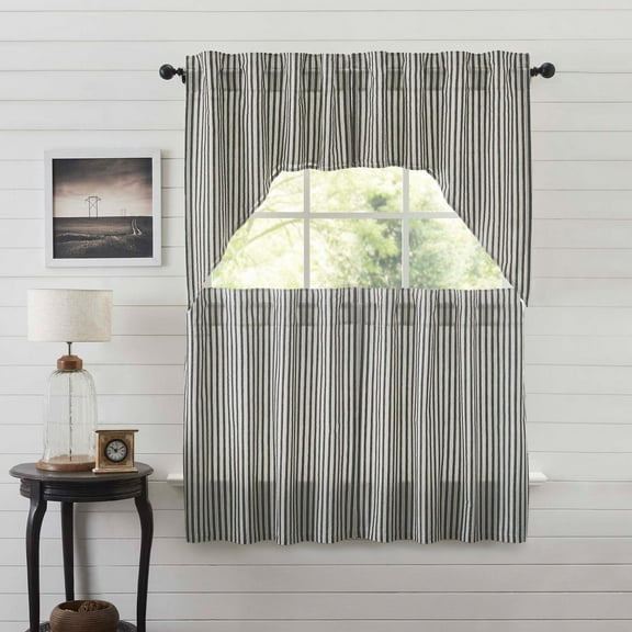 VHC Brands Ashmont 4 PC Charcoal Grey Ticking Stripe Curtain Set (2 Swag 36x16 and 2 Tier 36x36)