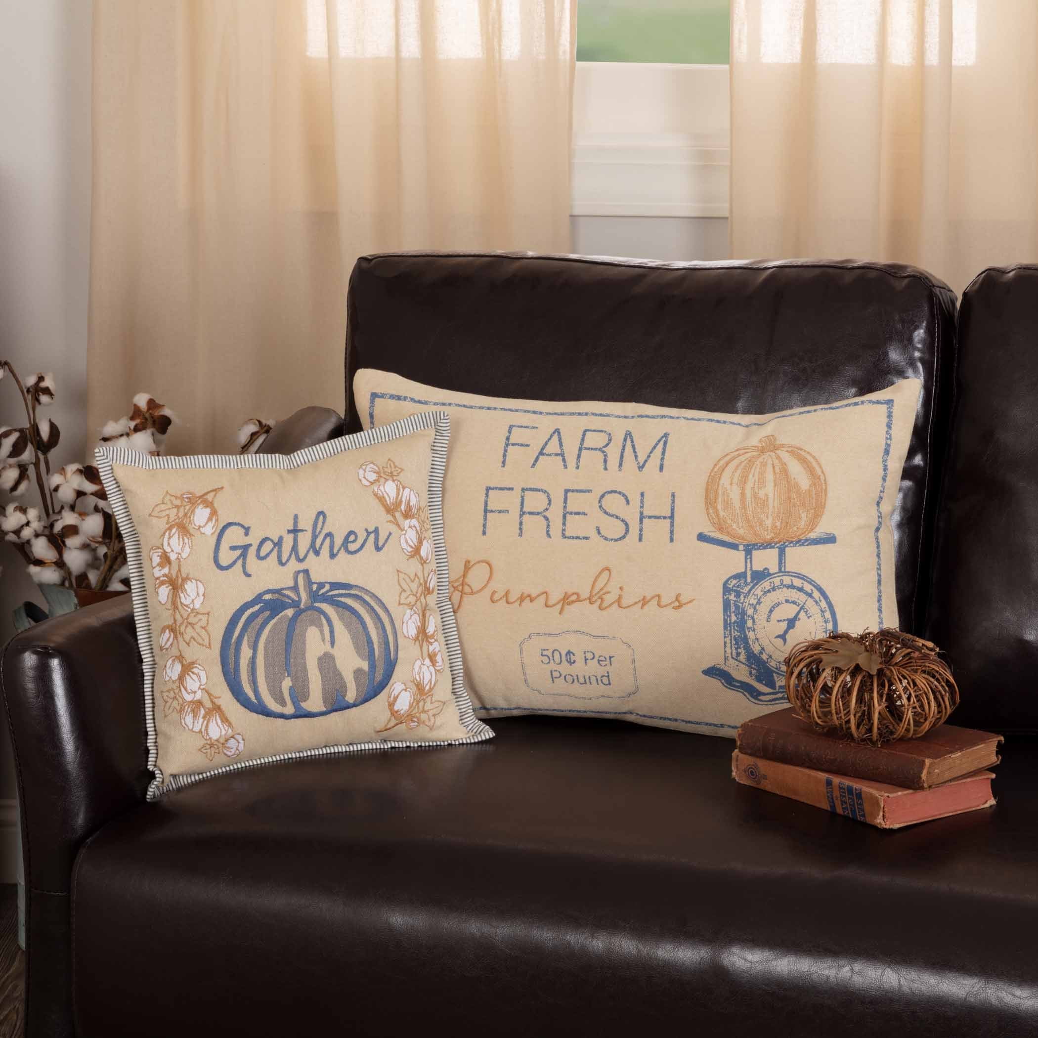 12x12 Beige and Blue Cotton Embroidered Thanksgiving Pillow