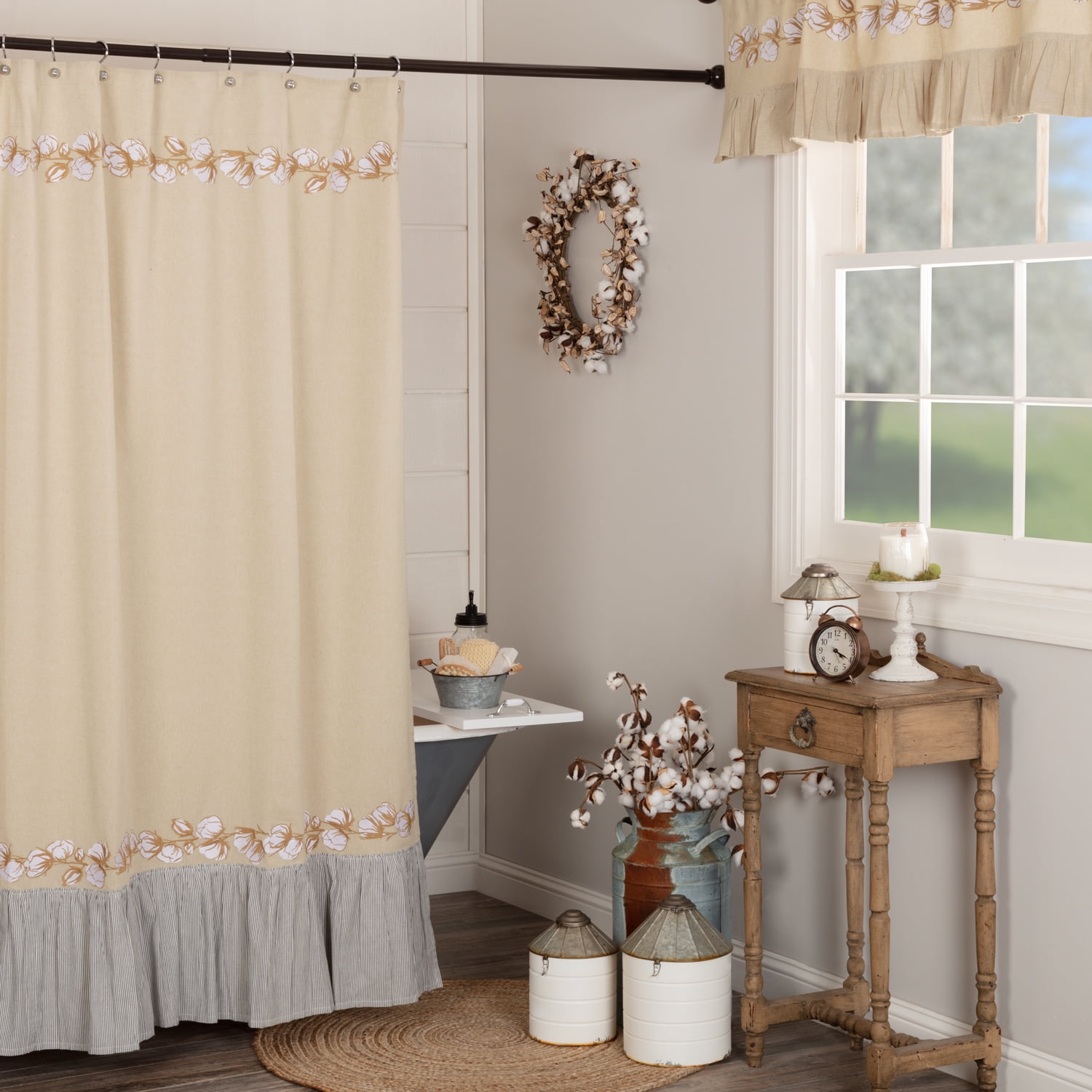 Ashmont Khaki Tan Cotton Shower Curtain with Ruffled Edge