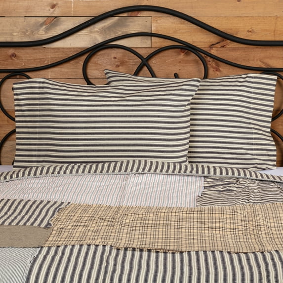 VHC Brands Ashmont Ticking Striped Cotton Farmhouse Standard Bedding Accessory, Pillowcase Set 21x30, Charcoal Grey