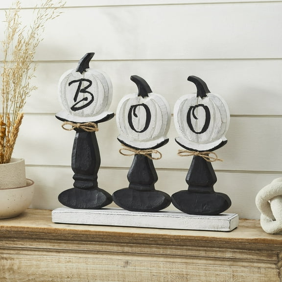 VHC Brands BOO Pumpkins Wooden Table Sign, Fall and Halloween Home Decor for Tables and Shelves, Indoor Decorations for Tabletop White, Country Black, 12.5x13.5