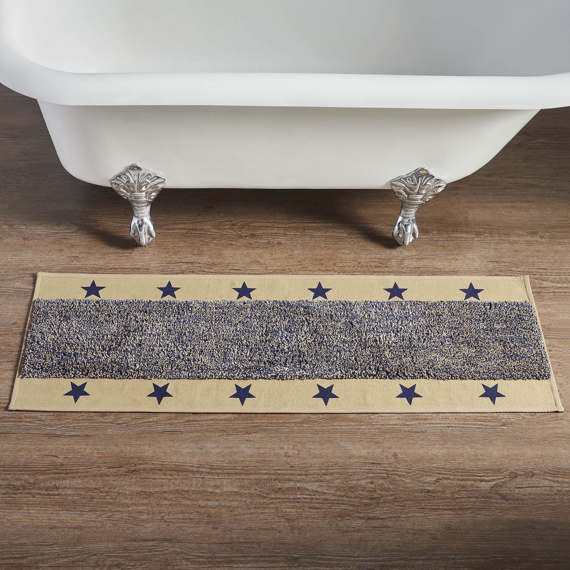 Khaki and Navy Cotton Americana Star Bath Mat, 17x48