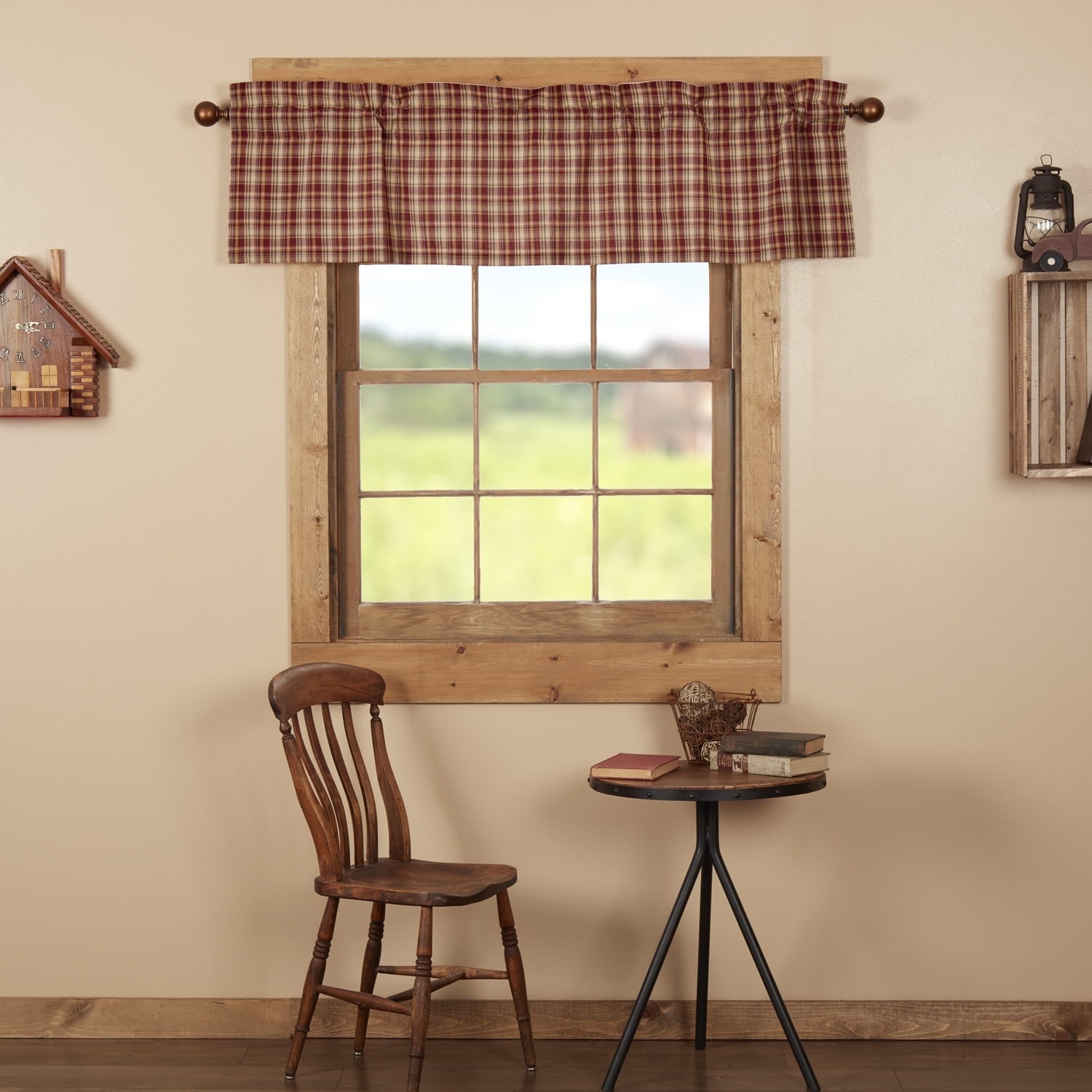Rust Red and Khaki Plaid Cotton Rod Pocket Valance