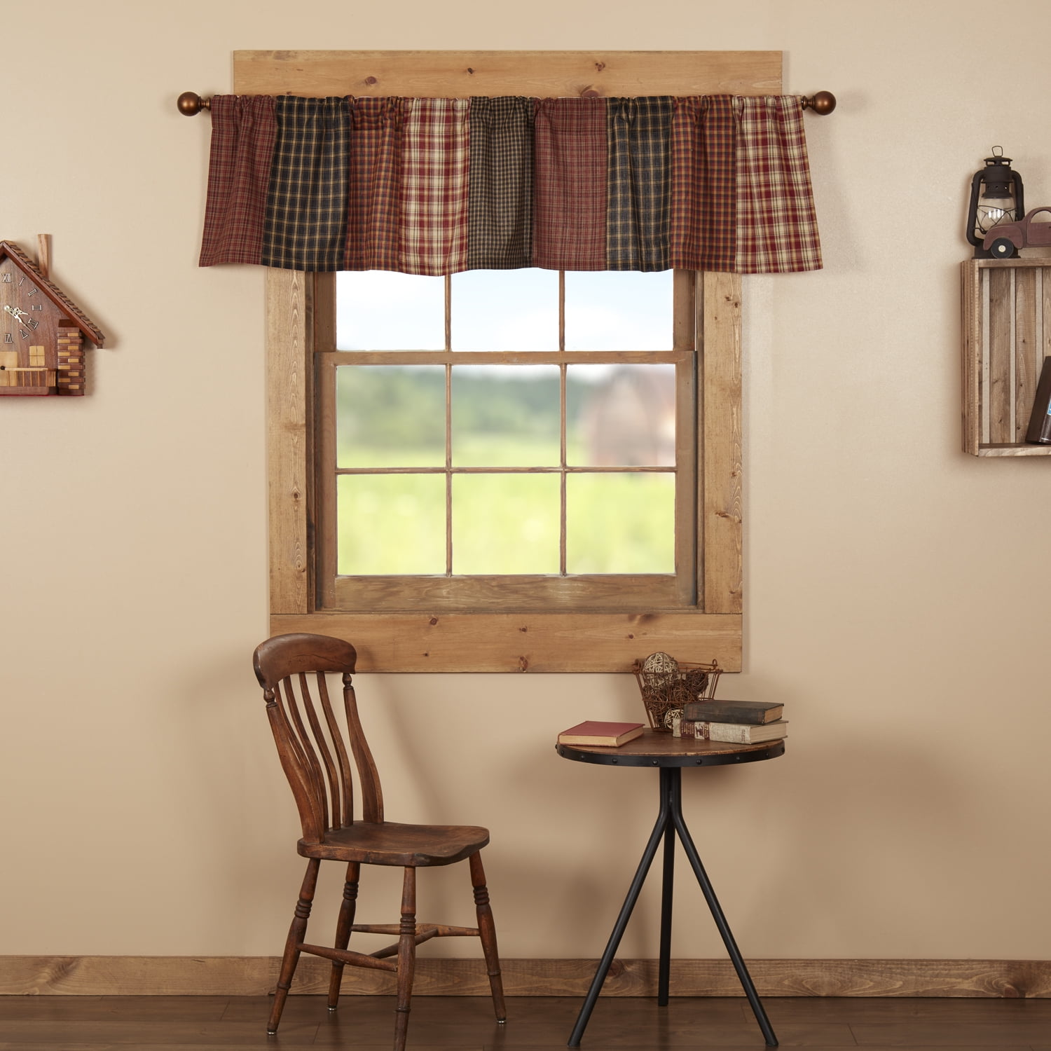 Rust and Khaki Cotton Patchwork Rod Pocket Valance, 16x72