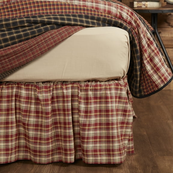 VHC Brands Beckham Rustic Twin Plaid Bed Skirt Red Gathered Cotton Split Corners Bedroom Decor