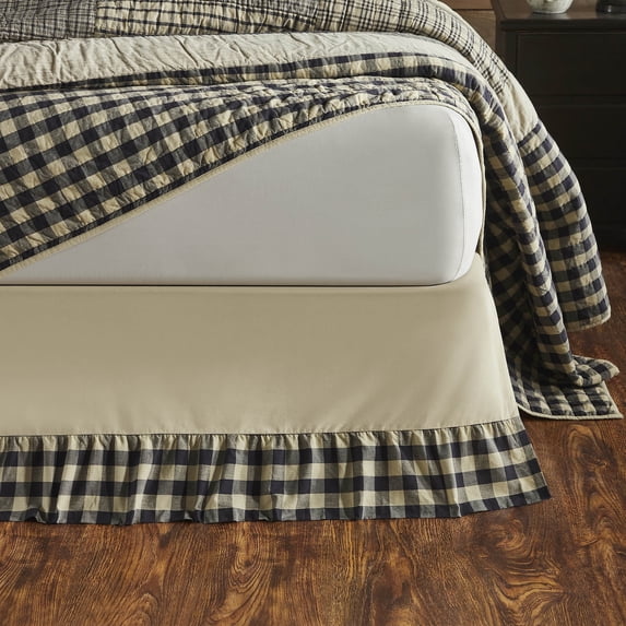 VHC Brands My Country Farmhouse Bedding for Bedroom Dust Ruffle Gathered Checkered King Size Bed Skirt, Tan Navy