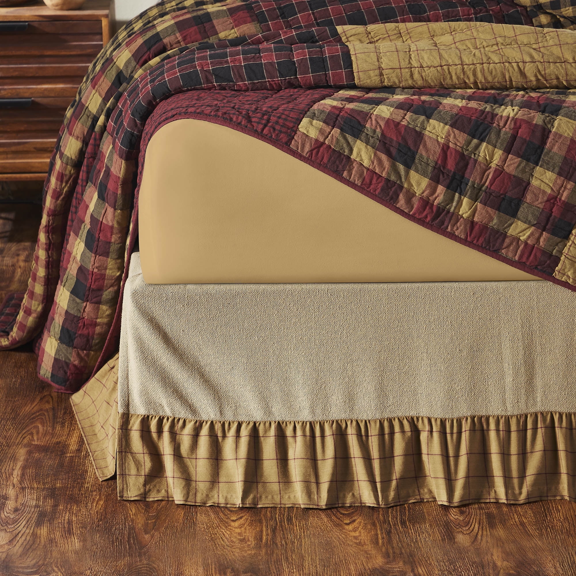 VHC Brands Connell Rustic Farmhouse Burlap Windowpane Plaid Ruffled Queen Bed Skirt Burgundy Tan 68x80x16