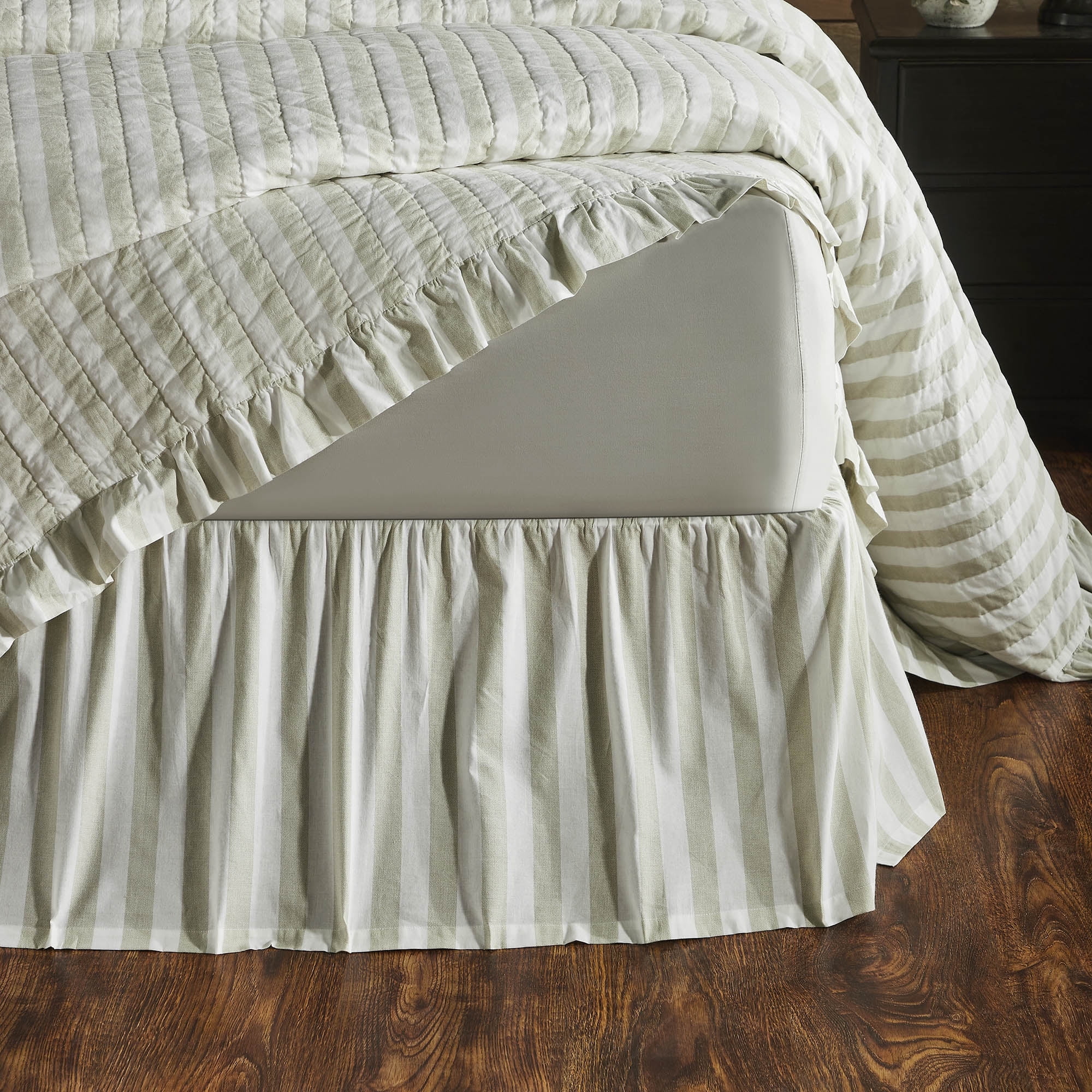 Soft White and Khaki Striped Cotton Queen Bed Skirt