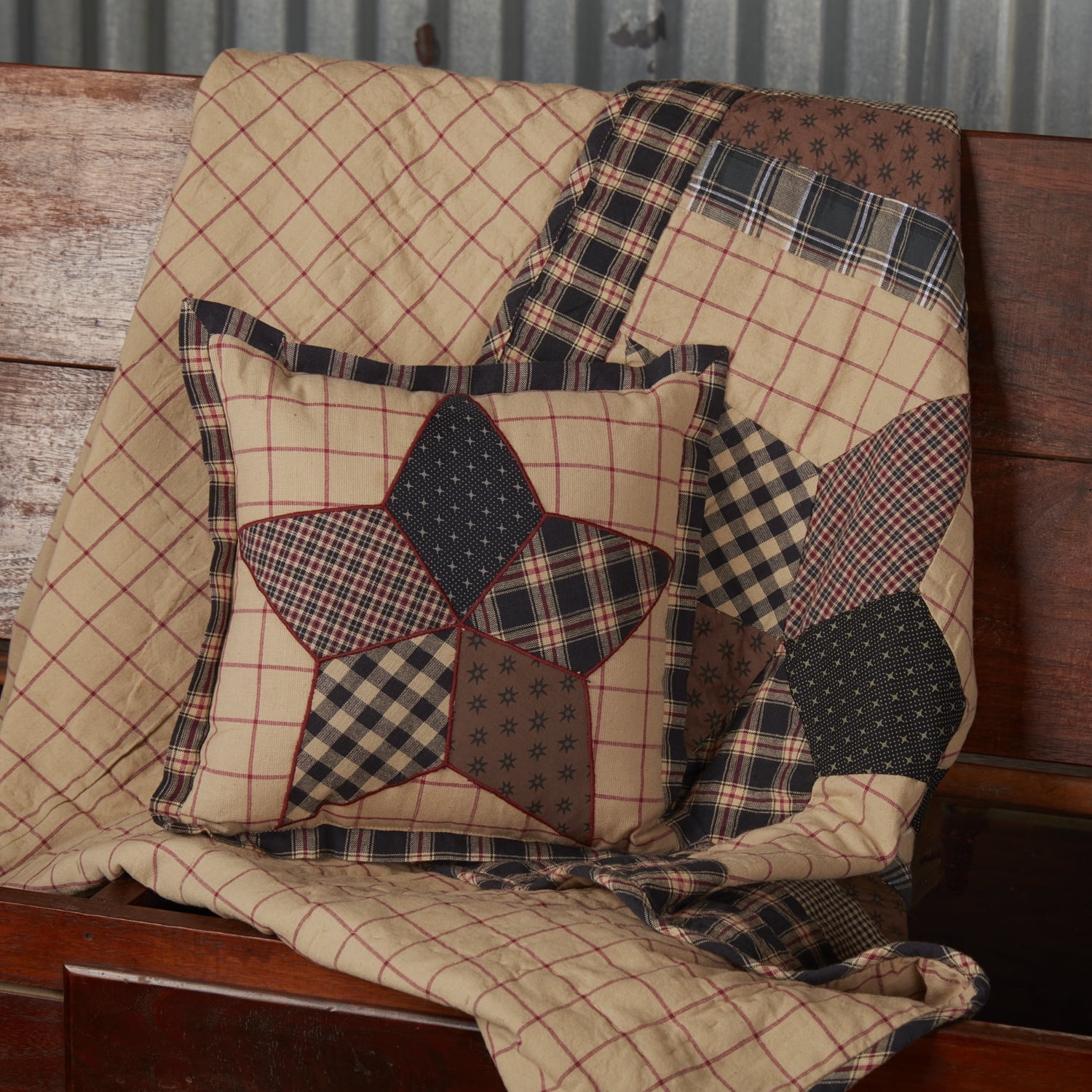 Bingham Star Patchwork Cotton Throw Pillow in Black and Beige