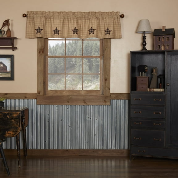 Americana Classic Country Kitchen Window Curtains - Bingham Star Black Applique Star Valance