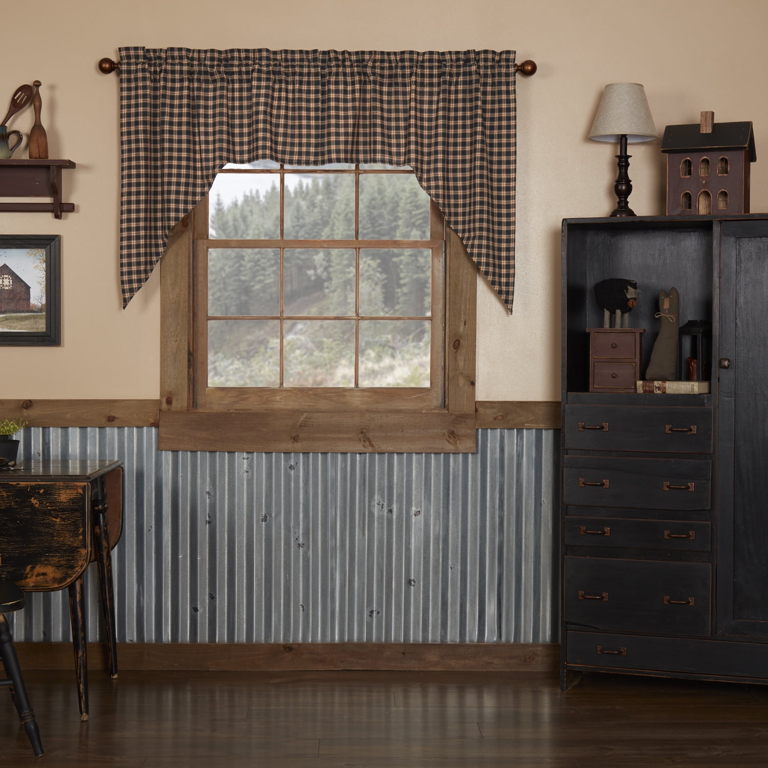 Bingham Star Plaid Cotton Swag Valance Set in Black and Tan