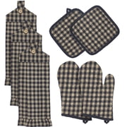 VHC Brands Black Check 7PC Set 2 Oven Mitt 2 Pot Holder and 3 Tea Towels