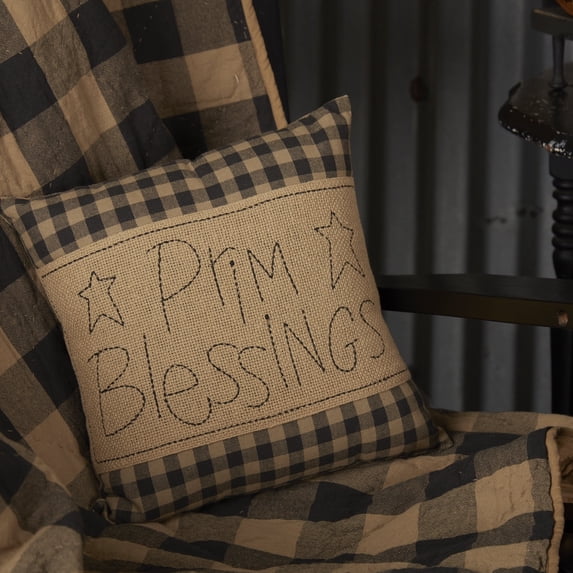 VHC Brands, Black Check, Cotton, 12x12, Prim Blessings Pillow, Black