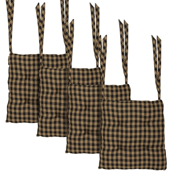 VHC Brands 14"x14" Chair Cushion for Small Dining Chairs with Ties, Black Check Plaid, Primitive Farmhouse Indoor Kitchen Seat Cushion, Set of 4