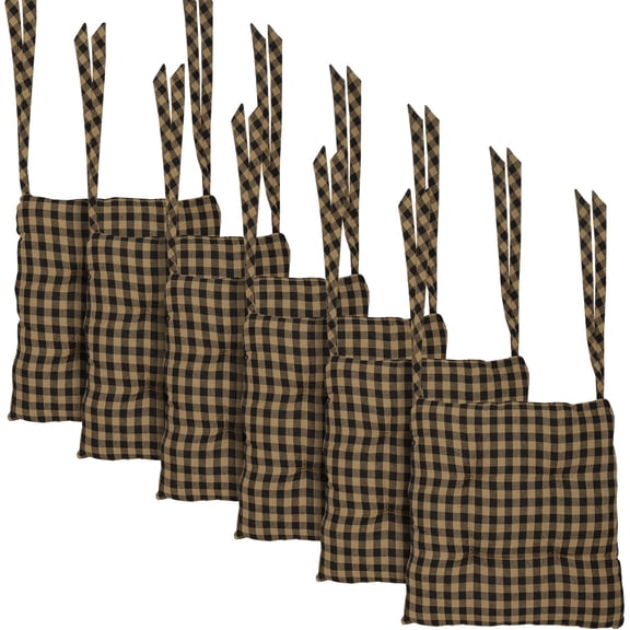 VHC Brands 14"x14" Chair Cushion for Small Dining Chairs with Ties, Black Check Plaid, Primitive Farmhouse Indoor Kitchen Seat Cushion, Set of 6